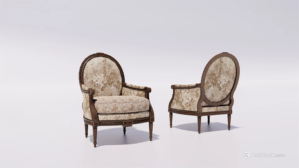 Vintage Style Armchair With Wooden Carved Frame And Floral Pattern Fabric Upholstery 3d model 