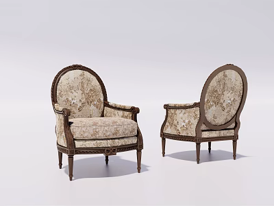 Vintage Style Armchair With Wooden Carved Frame And Floral Pattern Fabric Upholstery 3d model