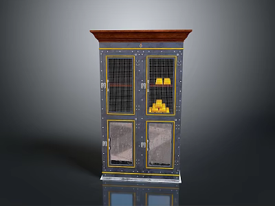 Vintage Style Cabinet With Double Doors Metal Grid And Glass Panels Containing Gold Items 3d model