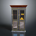 Vintage Style Cabinet With Double Doors Metal Grid And Glass Panels Containing Gold Items