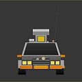 Low Poly Style Gray And Orange Car With Roof Antenna Small House And Yellow Headlights