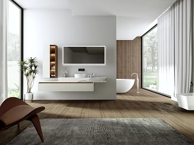 Modern Bathroom Interior With Wooden Accents Large Windows Freestanding Bathtub Vanity And Potted Plant 3d model
