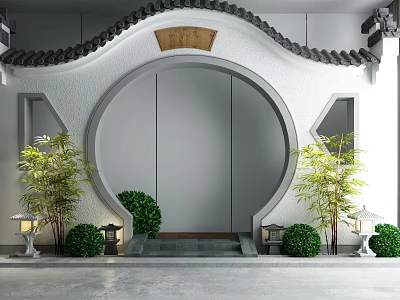 Traditional Chinese Moon Gate with Tile Roof Stone Steps Bamboo Plants Bushes and Stone Lanterns 3d model