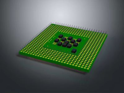Detailed Green Computer Chip with Black Circuit Blocks and Metallic Pins 3d model