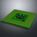 Detailed Green Computer Chip with Black Circuit Blocks and Metallic Pins 3d model