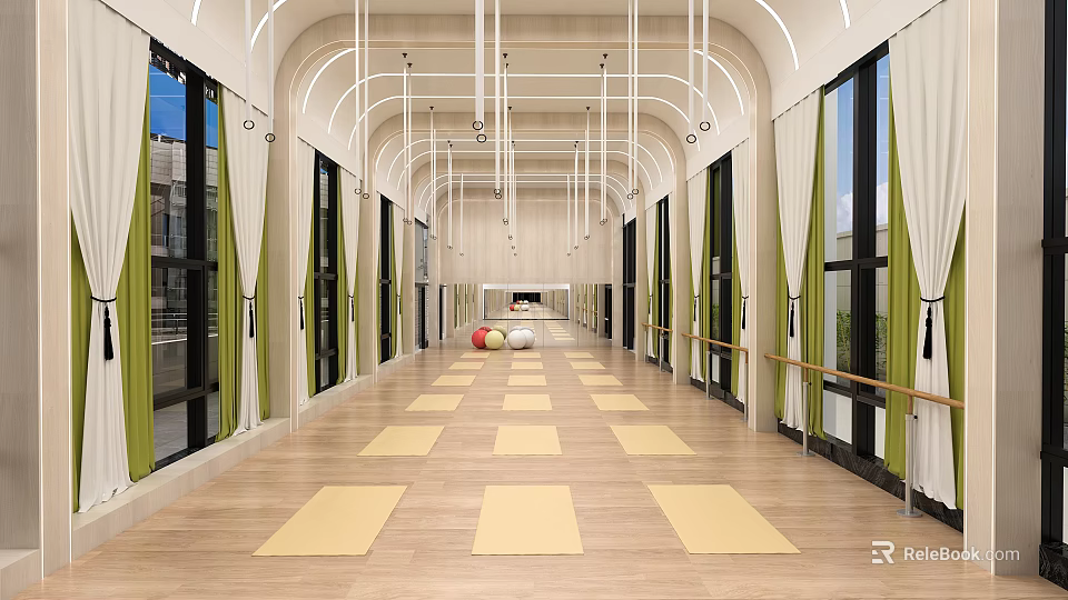 Spacious Fitness Studio With Arched Ceiling Wooden Floor Yellow Yoga Mats And Fitness Balls 3d model 