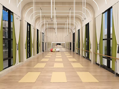Spacious Fitness Studio With Arched Ceiling Wooden Floor Yellow Yoga Mats And Fitness Balls 3d model