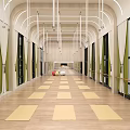 Spacious Fitness Studio With Arched Ceiling Wooden Floor Yellow Yoga Mats And Fitness Balls