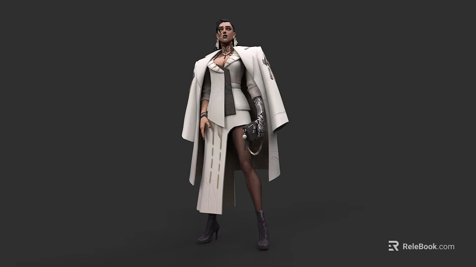 A Woman Wearing Long White Coat Fitted Inner Outfit Leather Gloves And Knee High Boots 3d model 
