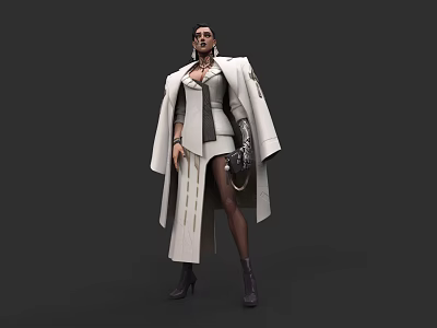A Woman Wearing Long White Coat Fitted Inner Outfit Leather Gloves And Knee High Boots 3d model
