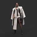 A Woman Wearing Long White Coat Fitted Inner Outfit Leather Gloves And Knee High Boots