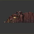 3D Cartoon Island Scene With Red Rocks Tree Rope Bridge Small Boat And Sandy Beach