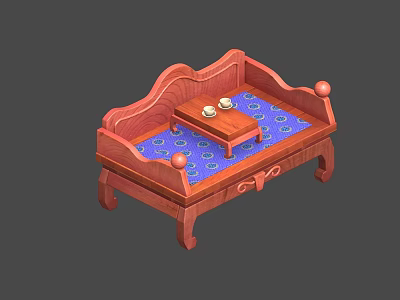 Traditional Wooden Luohan Bed with Curved Backrest Blue Patterned Mat and Small Tea Table 3d model