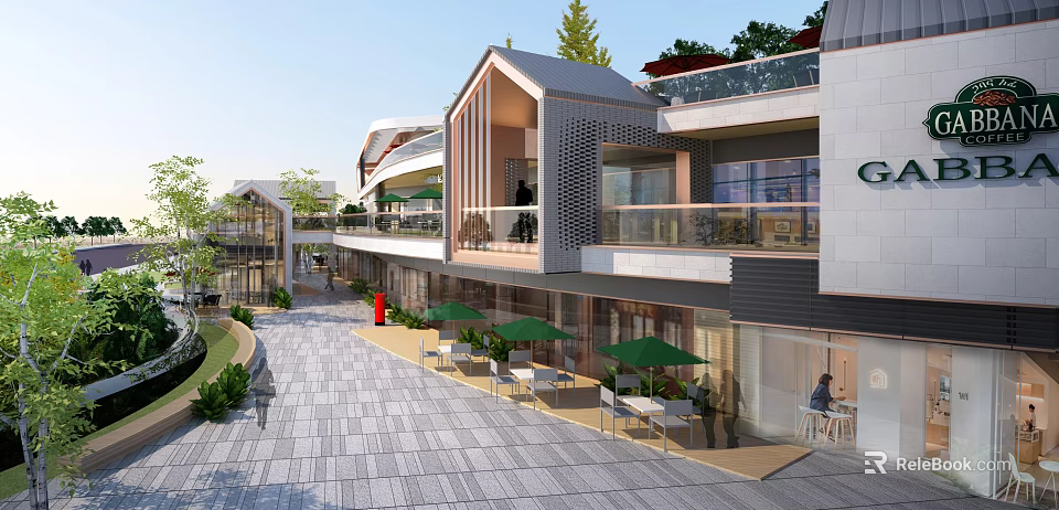 Modern Commercial Street With Outdoor Seating Umbrellas Pedestrian Walkway Terraces And Greenery 3d model 