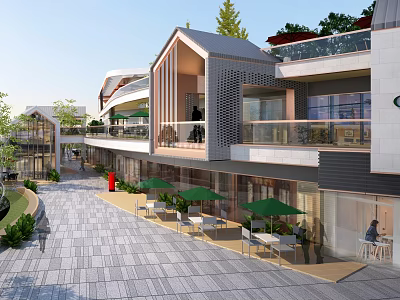 Modern Commercial Street With Outdoor Seating Umbrellas Pedestrian Walkway Terraces And Greenery 3d model