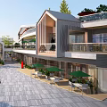 Modern Commercial Street With Outdoor Seating Umbrellas Pedestrian Walkway Terraces And Greenery