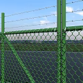 Green Diamond Mesh Fence With Top Barbed Wire Against Blue Sky White Clouds And Grassland