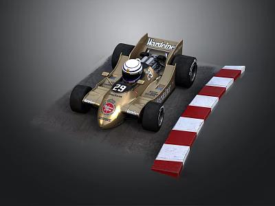 Gold March 761 Race Car With Number 55 Driver And Red White Barriers 3d model