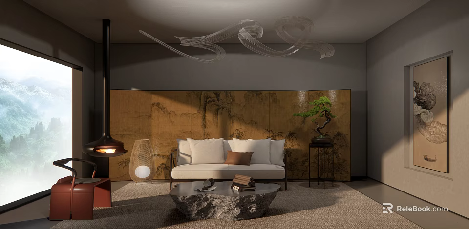 Modern Chinese Living Room Interior With Beige Sofa Stone Coffee Table And Bonsai Plant 3d model 