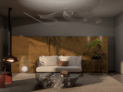 Modern Chinese Living Room Interior With Beige Sofa Stone Coffee Table And Bonsai Plant 3d model