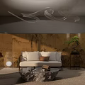 Modern Chinese Living Room Interior With Beige Sofa Stone Coffee Table And Bonsai Plant