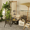 Natural Outdoor Leisure Space Table And Chair Set With Umbrella Green Plants And Wooden Crates