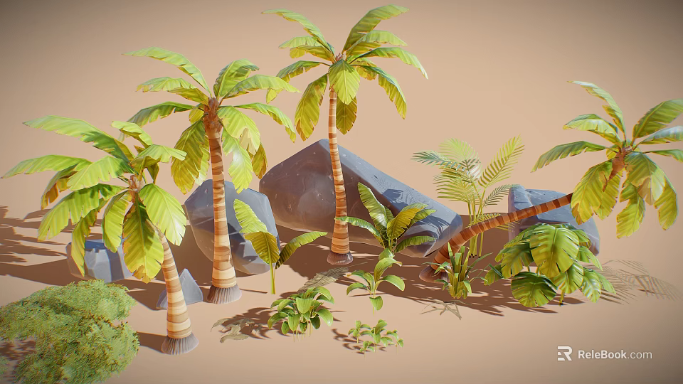 Natural Landscape Design With Wooden Palm Trunks Stone Rocks And Green Foliage Plants 3d model 