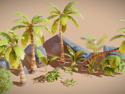 Natural Landscape Design With Wooden Palm Trunks Stone Rocks And Green Foliage Plants 3d model