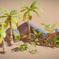 Natural Landscape Design With Wooden Palm Trunks Stone Rocks And Green Foliage Plants