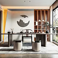 Modern Tea Room Interior Design With Wooden Shelves Tea Table And Natural Light