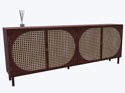 Modern Dark Brown Wooden Console Cabinet With Woven Rattan Doors And Decorative Top Accents 3d model