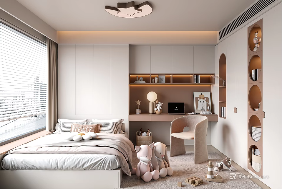 Modern Kids Room Interior Design With Bed Stuffed Toys Desk Chair And Shelves 3d model 