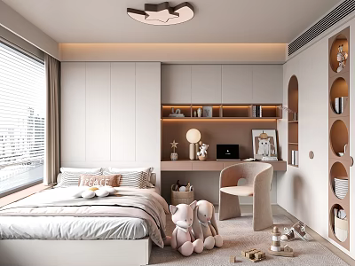 Modern Kids Room Interior Design With Bed Stuffed Toys Desk Chair And Shelves 3d model