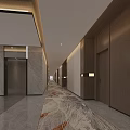 Modern Elevator Corridor With Wooden Walls Patterned Carpet And Decorative Painting 3d model