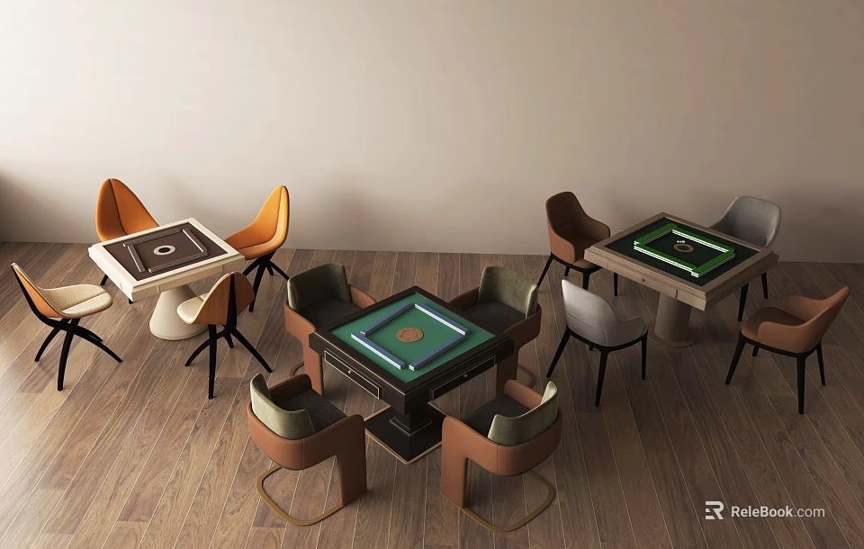 Modern Entertainment Table Design With Green Felt Surface And Colorful Leather Chairs 3d model 