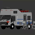 White and Blue RV With Red Kayak on Roof Rack Modern Design Windows