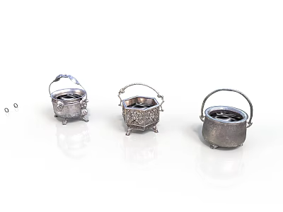 Three Small Silver Electronic Appliances With Decorative Handles And Vintage Design 3d model