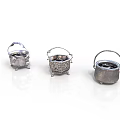 Three Small Silver Electronic Appliances With Decorative Handles And Vintage Design