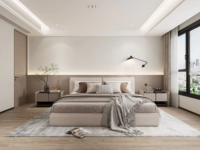 Modern Bedroom Interior Design With Large Bed Nightstands Floor Lamp And Soft Area Rug 3d model