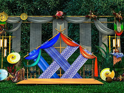 Traditional Wooden Stage With Colorful Drapes And Golden Decorations Surrounded By Plants On Green Backdrop 3d model