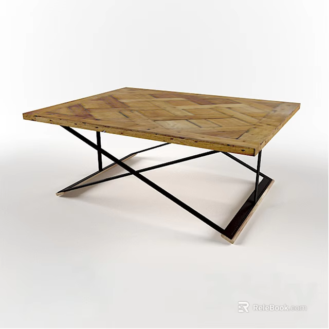 Stylish Office Desk With Wooden Herringbone Top And Black Metal X Shaped Legs 3d model 