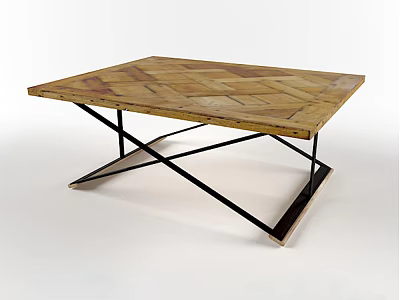 Stylish Office Desk With Wooden Herringbone Top And Black Metal X Shaped Legs 3d model