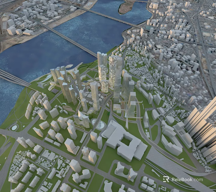 Aerial Planning of Modern City With River Bridges Skyscrapers Green Spaces and Roads 3d model 