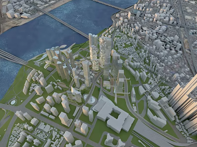 Aerial Planning of Modern City With River Bridges Skyscrapers Green Spaces and Roads 3d model