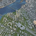 Aerial Planning of Modern City With River Bridges Skyscrapers Green Spaces and Roads