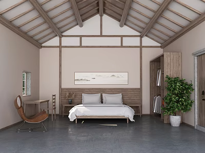 Traditional Hotel Room With Wooden Roof Furniture Bed Table Chair Green Plant And Landscape Painting 3d model