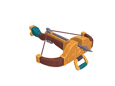Colorful Crossbow With Yellow Brown Body Green Accents And Metal Bolt 3d model