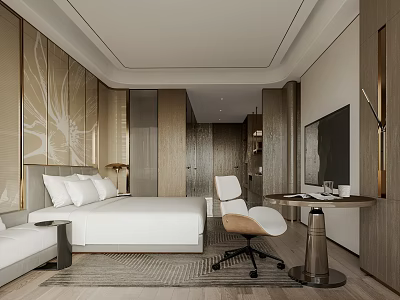 Modern Hotel Guest Room Interior With King Bed Work Desk Armchair And Wooden Decor 3d model