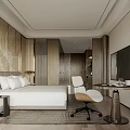 Modern Hotel Guest Room Interior With King Bed Work Desk Armchair And Wooden Decor