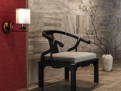 Elegant Chinese Style Leisure Chair in Room with Red Wall Brass Lamp White Vase and Wooden Floor 3d model